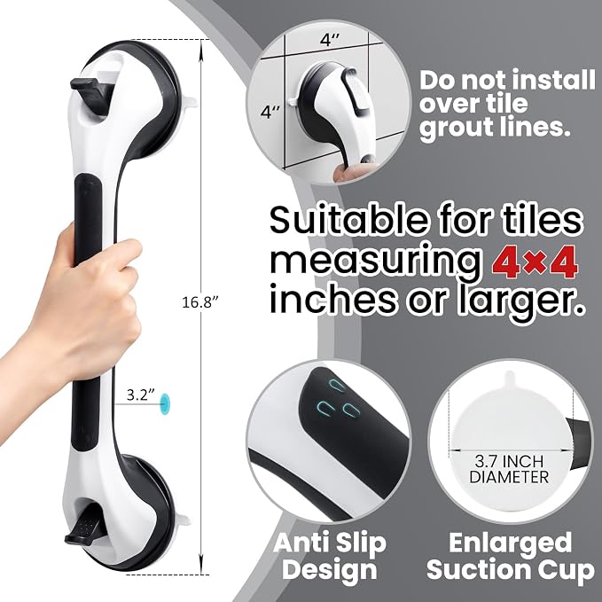 TAILI Shower Grab Bar, 16.8 Inch Shower Handles for Bathtubs and Wall for Elderly, Suction Grab Bars for Seniors Bathroom Safety Handle for Elderly, No Drilling Removable,Black,G9