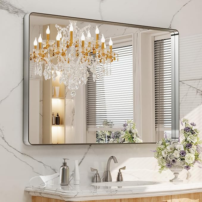 LOAAO 48X32 Inch Brushed Nickel Bathroom Mirror | Rounded Rectangle, Silver Metal Frame, Anti-Rust, Tempered Glass, Hangs Horizontally or Vertically