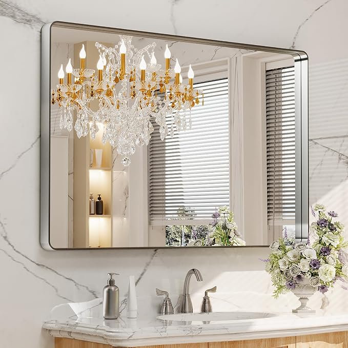 LOAAO 48X30 Inch Brushed Nickel Bathroom Mirror | Rounded Rectangle, Silver Metal Frame, Anti-Rust, Tempered Glass, Hangs Horizontally or Vertically