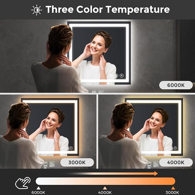 Koonmi 32x32 LED Bathroom Mirror with Light, Anti-Fog, 3 Colors | Backlit + Front Lit, Dimmable Brightness, Shatterproof HD Distortion-Free Tempered Glass, Hardware Included