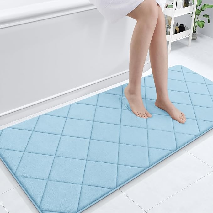 OLANLY Memory Foam Bath Mat 70x24, Ultra Soft and Absorbent Bathroom Rugs | Sky Blue, Quick Dry, Machine Washable Shower Bath Rugs, Comfortable Bath Carpet for Bathroom Floor, Tub and Shower