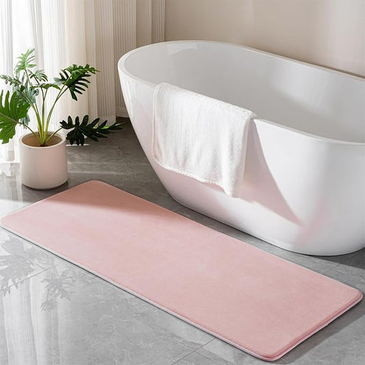 Pink Memory Foam Bath Mat Long 24x60 Bathroom Runner Rug Non Slip Washable | Soft Absorbent Microfiber Bathroom Carpet Thin Bathrug