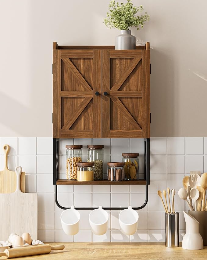 Masupu Bathroom Cabinet Wall Mounted, Wooden Medicine Cupboard with Adjustable Shelves, Space-Saving Wall Storage Unit for Bathroom, Kitchen and Living Room (9"D x 15.35"W x 27.16"H,Country Walnut)