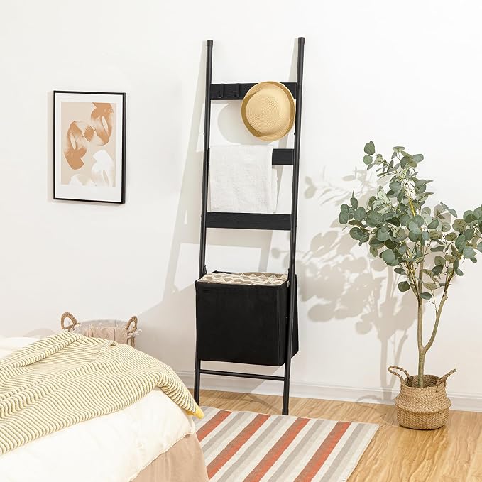 HOOBRO Blanket Ladder with Basket, 17.3”L x 63.4”H, Towel Rack with Hooks, Blanket Holder Rack, Decorative Ladder Shelf, Drying and Display Rack for Bathroom, Living Room, Black BB31CJ01