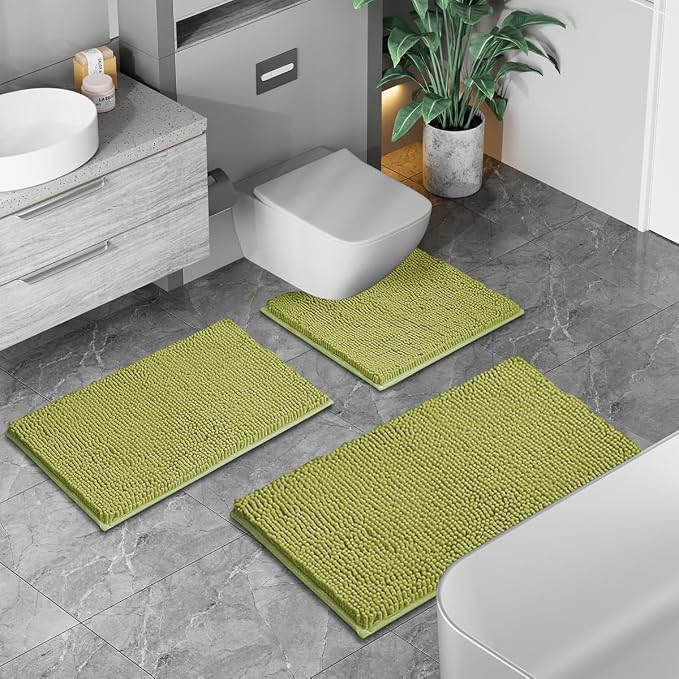 Lime Green Bathroom Rug Set - Extra Soft 3 Piece Anti-Slip Bath Mats, Plush Chenille Shaggy Mat for Living Room, Bedroom, Floor - Water Absorbent Soft Rug