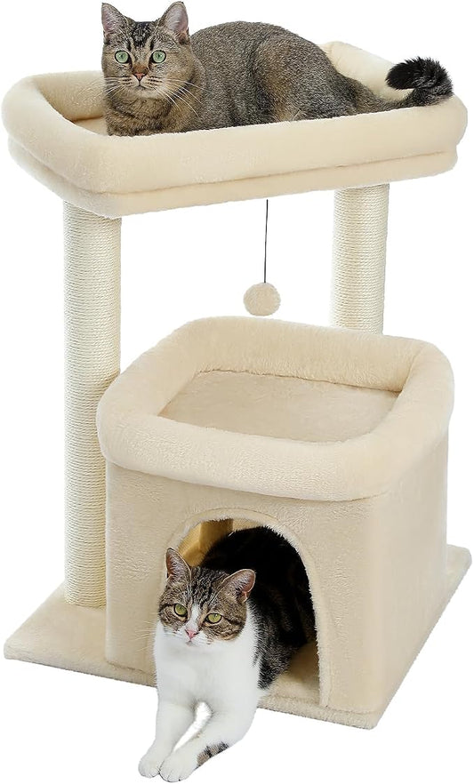 PEQULTI Cat Tree Tower for Large Indoor Cats, Extra Large Perch, Beige | Sisal wrapped scratch posts, oversized resting perch, sturdy cat tower furniture for indoor large cats