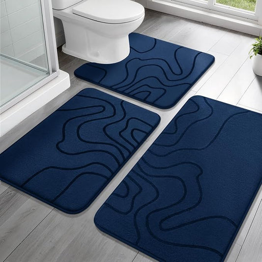 Memory Foam Bathroom Rugs Sets 3 Piece, Ultra Soft Bath Mat, Dark Blue | Ultra Soft, Extra Thick Bath Mat, Absorbent, Non-Slip, Machine Washable, For Tub, Shower & Home Decor Accessories