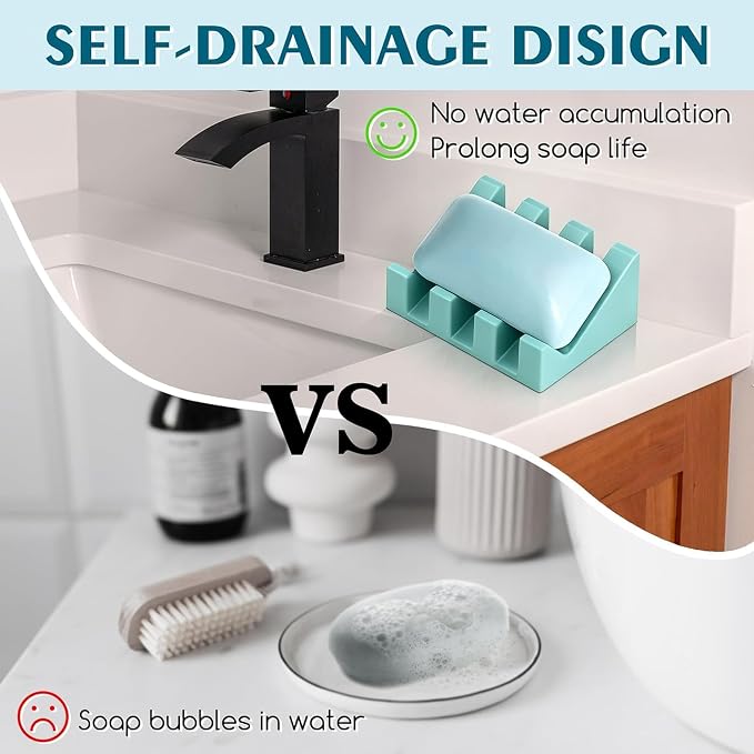 Silicone Soap Dish Self Draining for Shower & Kitchen (Fresh Green,1 Pack) | Waterfall drainage design drains fast to keep soap dry non-slip silicone base, practical soap saver for bathroom & kitchen