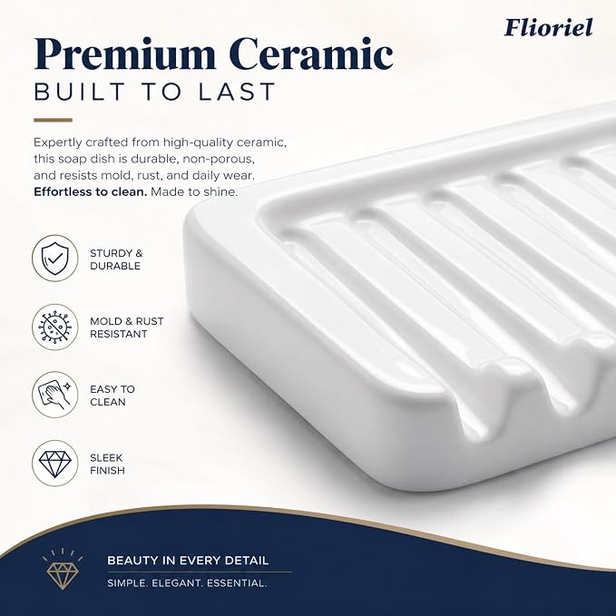 Ceramic Soap Dish Self Draining Soap Holder Bathroom Sink | White Porcelain Soap Tray Self Draining Keeps Soap Dry Anti Slip Silicone Pads Easy Clean Modern Minimalist Bathroom Shower