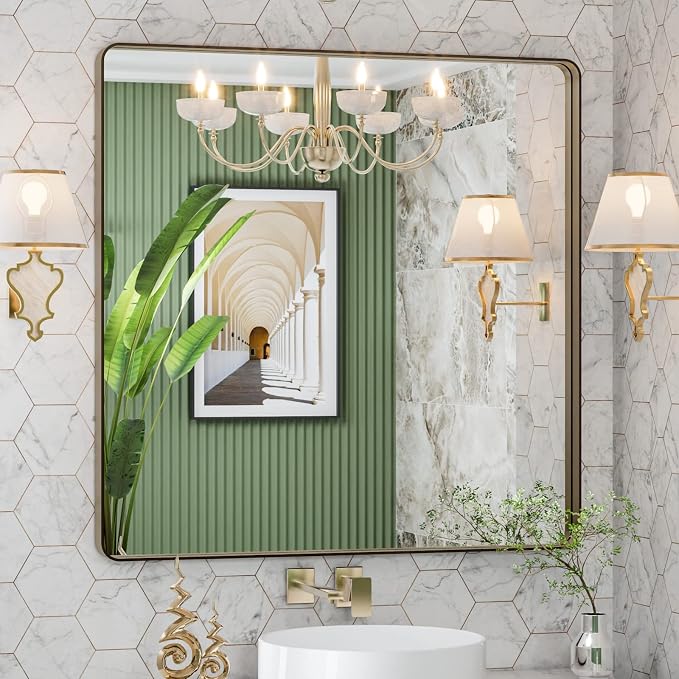 LOAAO 36"X36" Bronze Bathroom Mirror | Rounded Rectangle, Brushed Bronze Metal Frame, Anti-Rust, Tempered Glass, Hangs Horizontally or Vertically