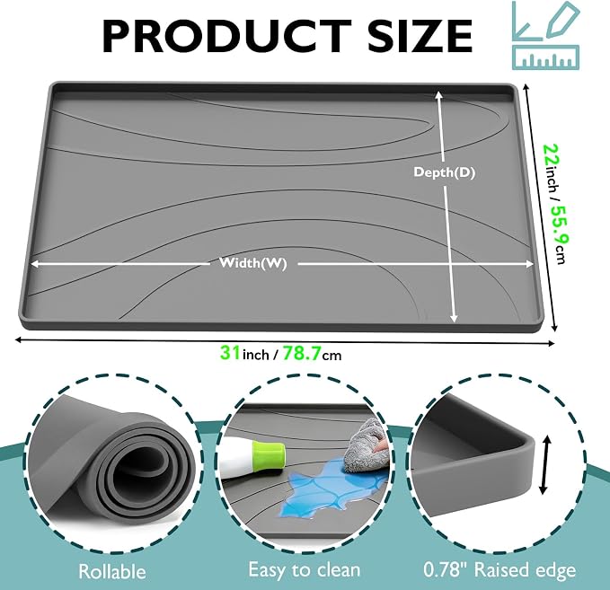 Under Sink Mat 31" x 22", Silicone Under Sink Liner for Kitchen and Bathroom, Waterproof Cabinet Protector Drip Tray, Protects Cabinets from Leaks and Spills