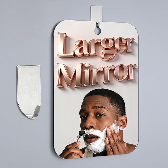 Shower Mirror Fogless for Shaving,(Medium 8x6 Inch) Anti Fog Shaving Mirror Holder NO-Drilling, No Fog Free Waterproof,Small Wall Mounted Bathroom Accessories Camping Hanging with Hook