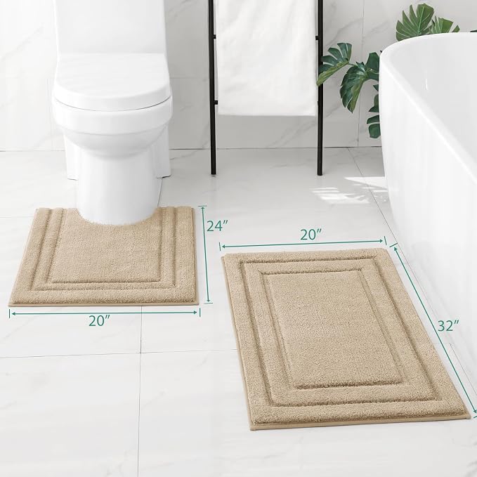 HOMEIDEAS Bathroom Rugs Sets 2 Piece, Super Soft and Absorbent Non Slip Microfiber U-Shaped Toilet Bath Mat Set (20"x32"+U20 x24, Beige) | Super Soft and Absorbent Non Slip Microfiber Bath Rug，Machine Washable, for Bathroom, 20"x32"+U Shape 20"x24"