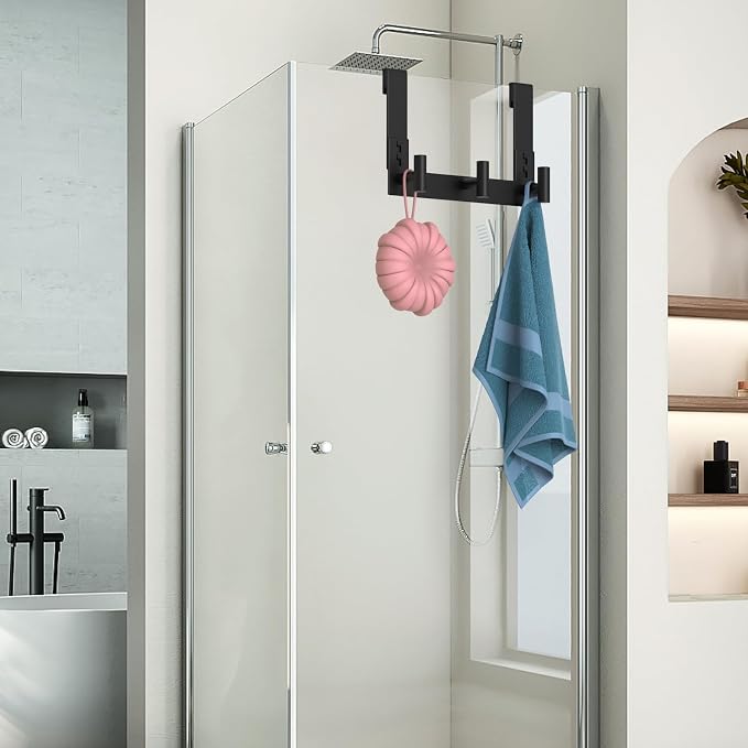 WUIVIUT Over Glass Shower Door Hooks, Towel Racks for Bathroom, Fits 3/8" (10mm) Thick Shower Door, Heavy Duty Washroom Hooks for Robe, Coat (T Shape, 3 Hook)