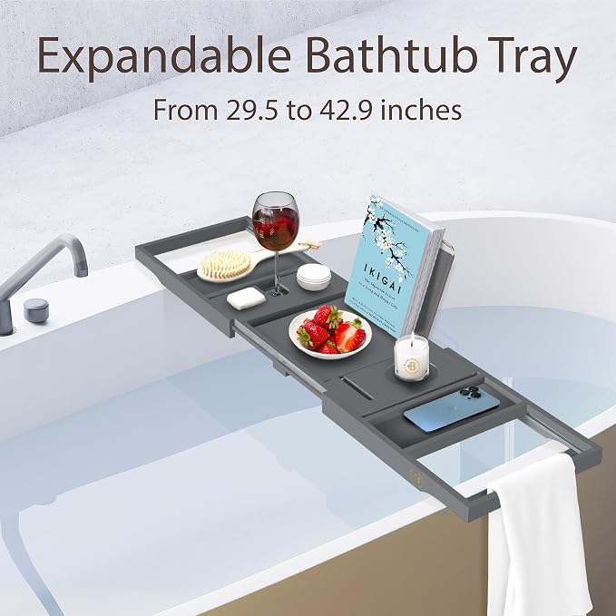 Bamboo Bathtub Tray Caddy - Expandable Wooden Bathroom Tray - Adjustable Bathroom Tray for Tub - Luxury Bath Caddy Tub Table - Gift Idea for Loved Ones (Grey)