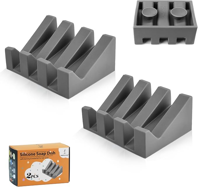 Silicone Soap Dish Self Draining with Suction Cups (Gray, 2 Pack) | Waterfall drainage design drains fast to keep soap dry silicone soap saver with reusable suction cups for bathroom & kitchen