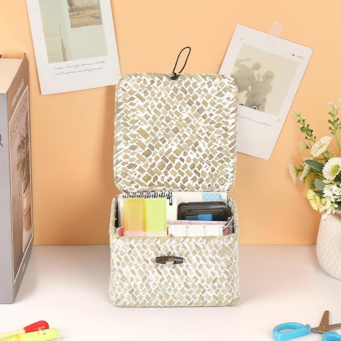 Hipiwe Wicker Shelf Baskets with Lid Handwoven Seagrass Storage Box Decorative Basket Bin Household Organizer Bin for Shelf Bathroom Coffee Table Decor Organizer, X-small