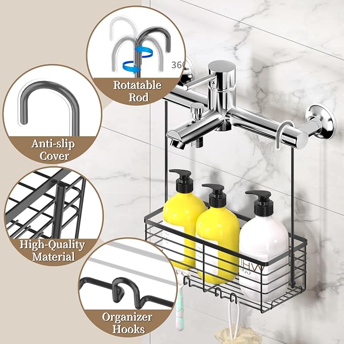 DELLAN Hanging Shower Rack, Shower Organizer Hanging for Bathroom, Shower Rack with Hooks Over the Door, Bathroom Shower Caddy and Basket(Black)