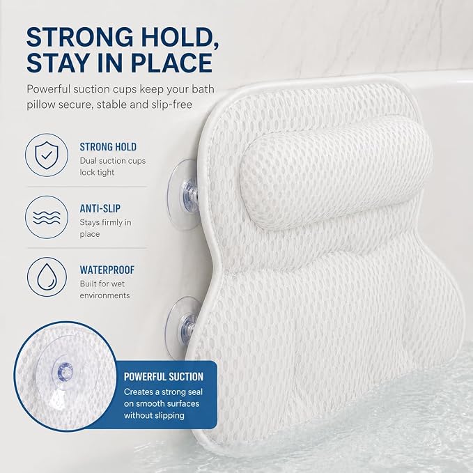 Bathtub Pillow for Neck and Back Support, Soft 4D Bath Pillow Tub Headrest | Ergonomic 4D Mesh Bath Pillow with 6 Suction Cups, Non-Slip Spa Bath Cushion Luxury Bath Accessories Spa for Women Gift