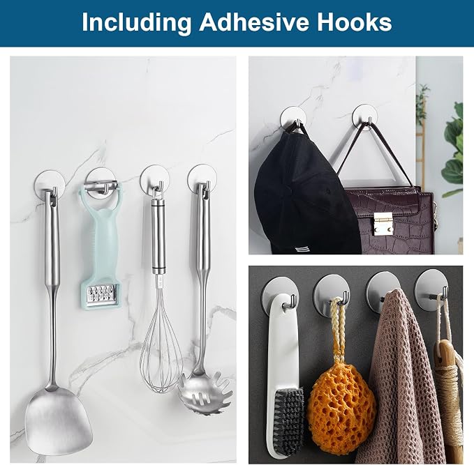 Diesisa Razor Holder for Shower + Adhesive Wall Hooks, Premium 304 Stainless Steel Shower Razor Holder with Heavy Duty Waterproof Sticky Hooks for Hanging Towels, Coat, hat (4+4 Pack) - Black