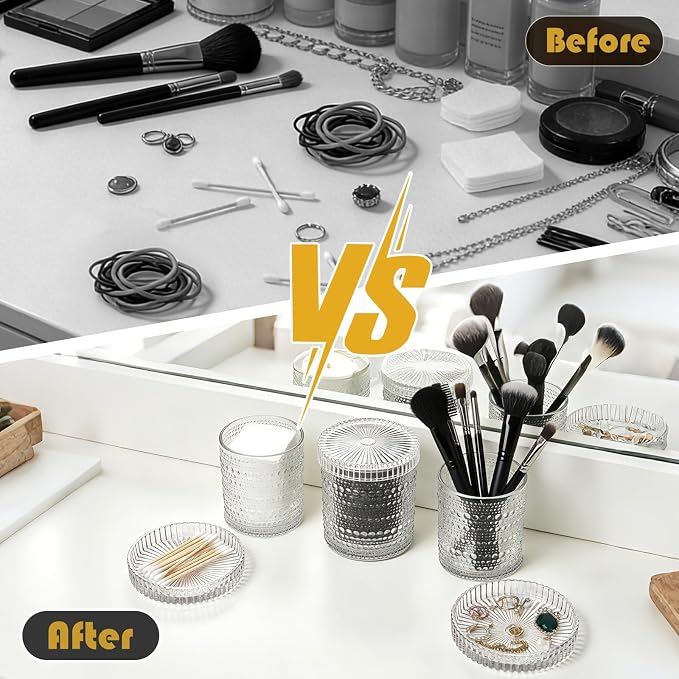 Flrolove Bathroom Organizers and Storage, 4 pcs Glass Qtip Holder | Clear Bathroom Accessories, Vanity Organizer for Cotton Rounds, Balls & Floss Picks, Qtips, Bathroom Canisters with Lids