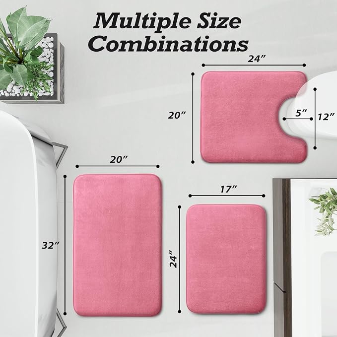 Bathroom Rugs Sets 3 Piece, Non-Slip & Quick Dry Bath Mat Set, Ultra Soft Velvet Bath Rugs for Bathroom, Toilet and Shower Floor, Pink