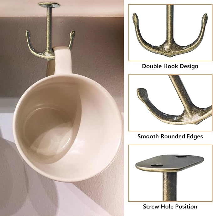 Anchor Shape Zinc Alloy Double Prong Ceiling Hooks, 4-Pack Under Shelf Coat Hooks Hanging Towel Robe Clothes Cap Bathroom Kitchen Cabinet Garage Use (Bronze)