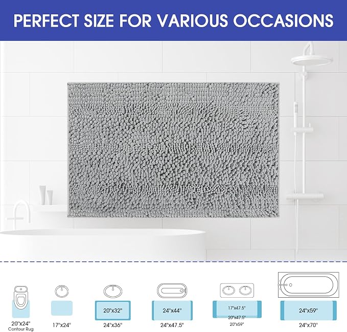 ACCUMTEK Striped Light Grey Bathroom Rug Mat 32"x20" Ultra Soft, Non Slip Chenille Bath Rugs, Absorbent Plush Shaggy Bath Mats for Bathroom, Bedroom, Kitchen, Shower, Tub,Light Gray