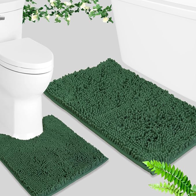 BOANKODU Bathroom Set - 2 Piece Soft Chenille Bath Rugs, Non-Slip, 32x20 + 20x20 Inch U Shape, Machine Washable (Dark Green)