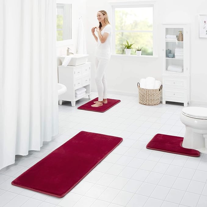 Memory Foam Bath Mat Non Slip Absorbent Super Cozy Velvet Bathroom Rug Carpet (60 inches X 17 inches, Red)