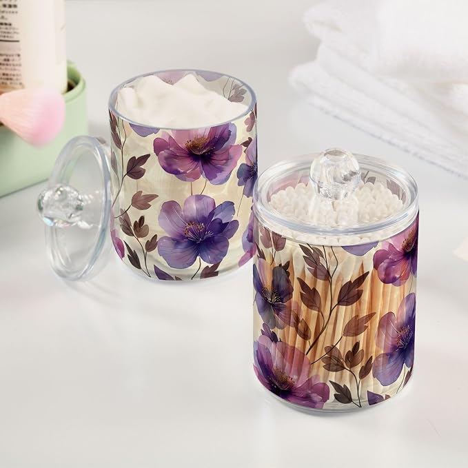 ALAZA 4 Pack Qtip Holder Dispenser Purple Tulip Flower Beige Cotton Ball Cotton Swab Round Pads Floss Clear Bathroom Storage Containers Plastic Apothecary Jars with Lids