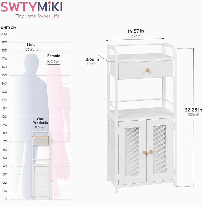 SWTYMIKI 14.57"x32.28" Bathroom Storage Cabinet – Freestanding Toilet Paper Storage with Doors & Drawer, Bathroom Organizers and Storage for Small Spaces, Laundry Room, Ideal for Towels, White