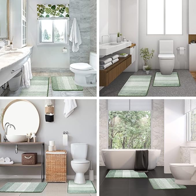 2 Piece Ombre Bath Mat Set for Bathroom, Non Slip Ultra Soft and Thick Water Absorbent Bath Carpet, Machine Washable & Quick Dry Bathroom Rug, for Bedroom Door Living Room Green