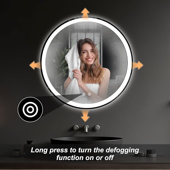 DUMOS 28 Inch Round LED Bathroom Mirror with Lights, Circle Vanity Mirror | Anti-Fog, Dimmable, 3-Color Light, Front Light and Backlit, Memory Function, Tempered Glass