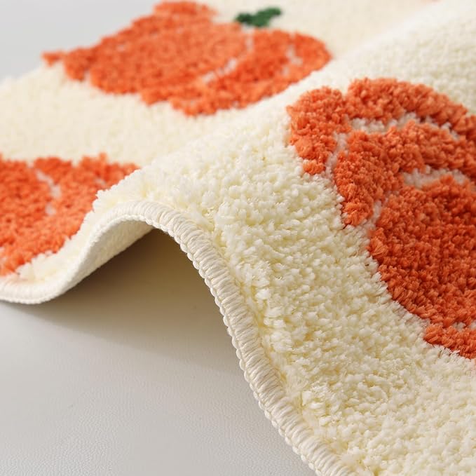 TRUEDAYS Beige Bathroom Rugs with Orange Pumpkins, Cute Bath Mat for Halloween and Thanksgiving, Soft Non Slip Farmhouse Mats Funny Indoor Rug Home Decor Fall and Autumn