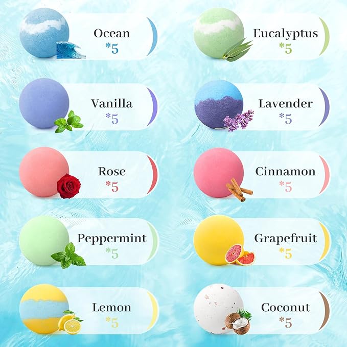Bath Bombs Set 50 PCS with 10 Scents, Natural Bathbombs, Blue | With Shea Butter & Safe Oil, Bubble Bombs for Women, Ideal for Mother's Day, Valentine's Day, Christmas, Birthday Present