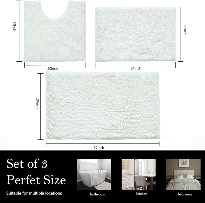 Bathroom Rugs Chenille Bath mat 3 Piece Set, Super Absorbent, Strong PVC Non Slip Backing, Bath mats for Bathroom, Plush Shaggy, Thick, Machine Washable, Bathtub, Shower, Toilet, White