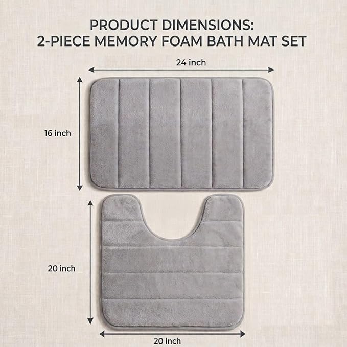 Memory Foam Bathroom Rugs Sets 2 Piece - Super Soft Absorbent Quick Dry Memory Foam Bathroom Rugs, Machine Washable Non Slip Floor Carpet for Tub Shower & Single Sink 16x24 & 20x20, (Light Grey)
