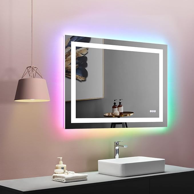 LOAAO 40"X32" RGB LED Bathroom Mirror with Lights, UL Listed | Anti-Fog, Dimmable, RGB Backlit + Front Lighted, Memory Function, Tempered Glass