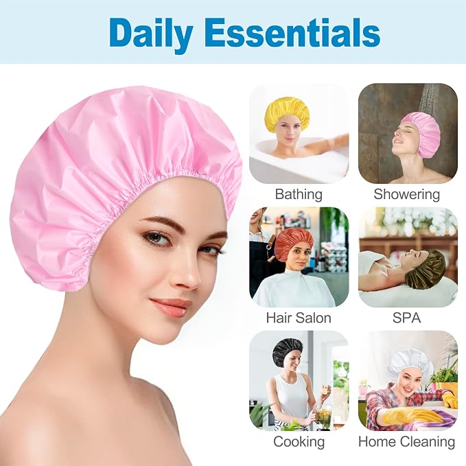6 PCS Shower Capsfor Women, Reusable Waterproof Bath Caps | Double Side PEVA, Bath Accessories, Spa, Travel, Environmental Protection - Black White Pink Yellow Brick Red Dark Green