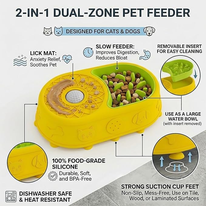 Slow Feeder Dog Bowl with Lick Mat, 2 in 1 Silicone Feeding Bowl | Promotes Healthy Eating Habits and Engaging Mealtime Experience