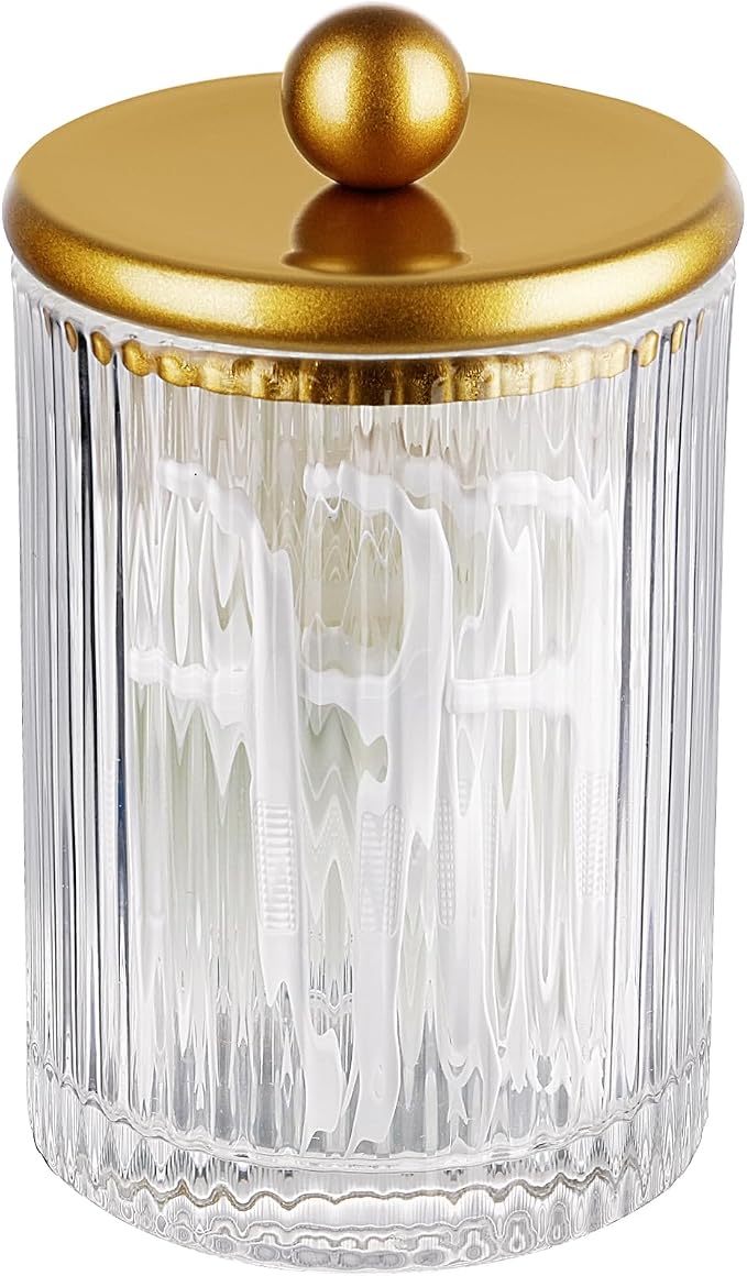 SheeChung 1 Pack Gold Ribbed Glass Qtip Holder with Metal Lids | Apothecary Jars Bathroom Organizer Countertop Vanity Canister Set for Cotton Swabs, Rounds, Floss Picks-Modern Luxury Decor