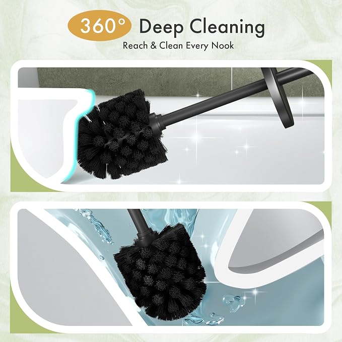 Toilet Bowl Brush and Holder Set 2 Pack with 4 Extra Brush Heads (Black) | Extra Long Handle with Splash Guard Cover, Tool-Free Installation, Bathroom Space-Saving, Cleaner Sets for Apartments, RV