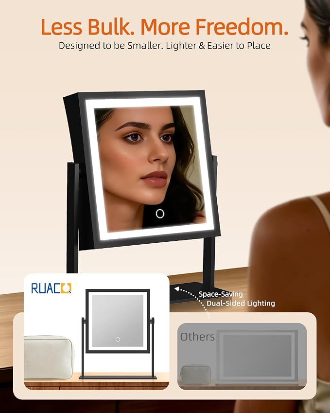 Ruacq Makeup Mirror with Lights, Dual Sided 1X/10X, Matte Black | 8",4000mAh Rechargeable, Magnifying Mirror with 3 Color Lights,Touch Control Dimmable, 360° Rotation, Square, Gift for Women