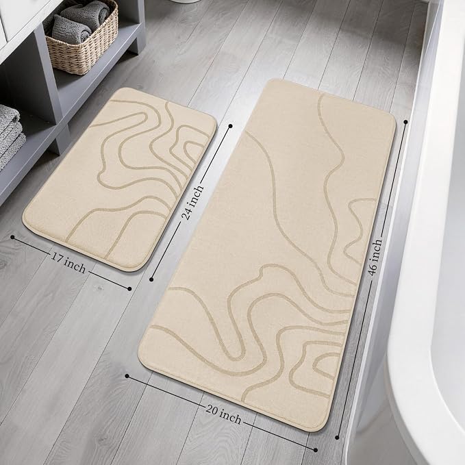 YIHOUSE Memory Foam Bathroom Rugs Sets 2 Piece, 17"x24"+20"x46", Beige | Ultra Soft, Extra Thick Bath Mat, Absorbent, Non-Slip, Machine Washable, For Tub, Shower & Home Decor Accessories