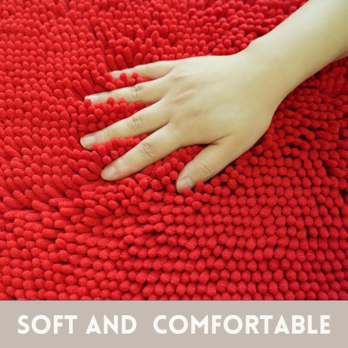 Bathroom Rugs Chenille, Extra Thick and Absorbent, Non-Slip, Machine Washable, Dry Quckily, Soft Cozy Plush, Used Under Shower Bathtub and Sink, Bath mat Sets Red