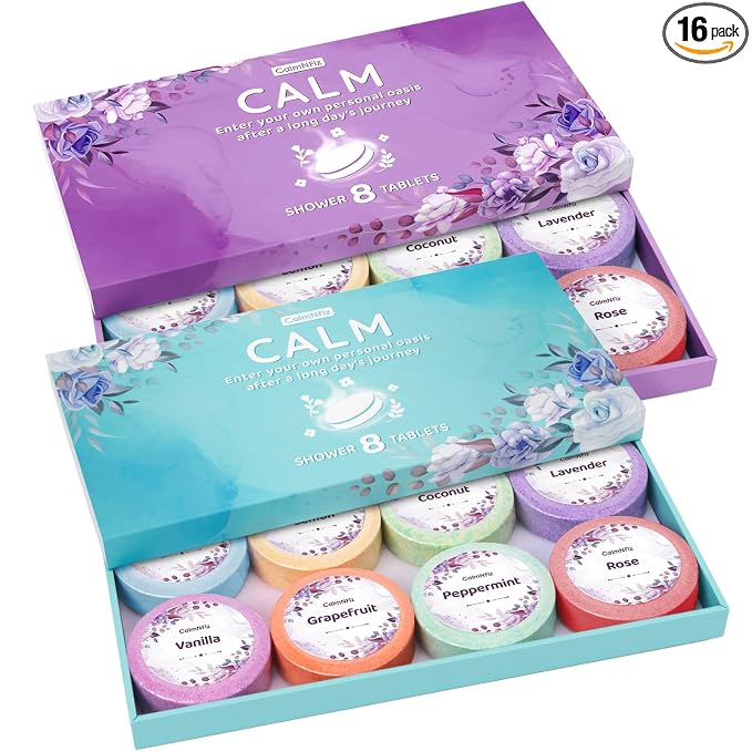 CalmNFiz Shower Steamers Self Care Gifts 2 * 8 Pack, Green & Purple | Birthday Gifts for Women, Mom, Wife, Friend, Teacher, Shower Bombs Essential Oil Tablets 8 Fragrances, Self-Care Relaxation