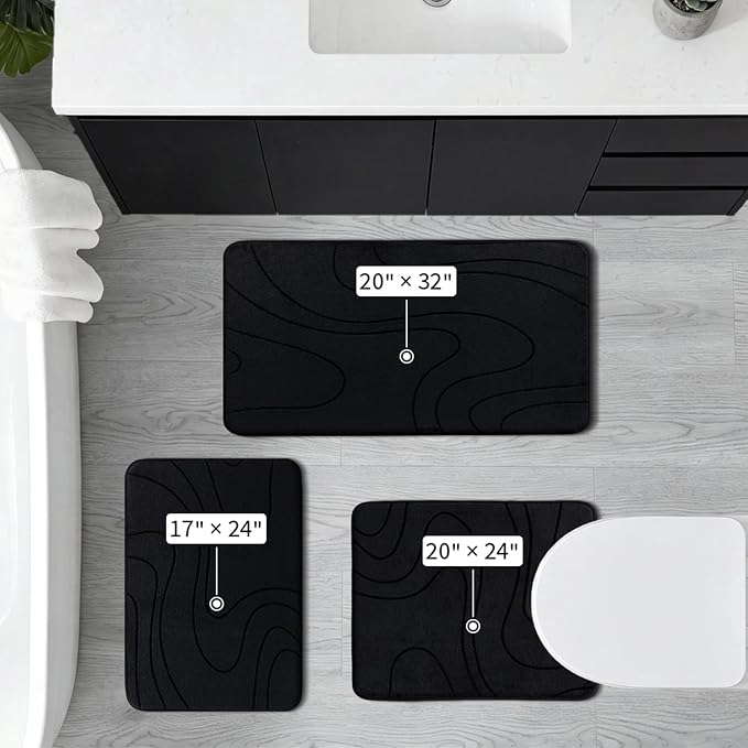 YIHOUSE Bathroom Rugs Sets 3 Piece - Thick Memory Foam Bath Mat, Black | Ultra Soft, Extra Thick, Super Absorbent, Non Slip, Machine Washable, For Bathroom Floor & Tub, 3 Pieces