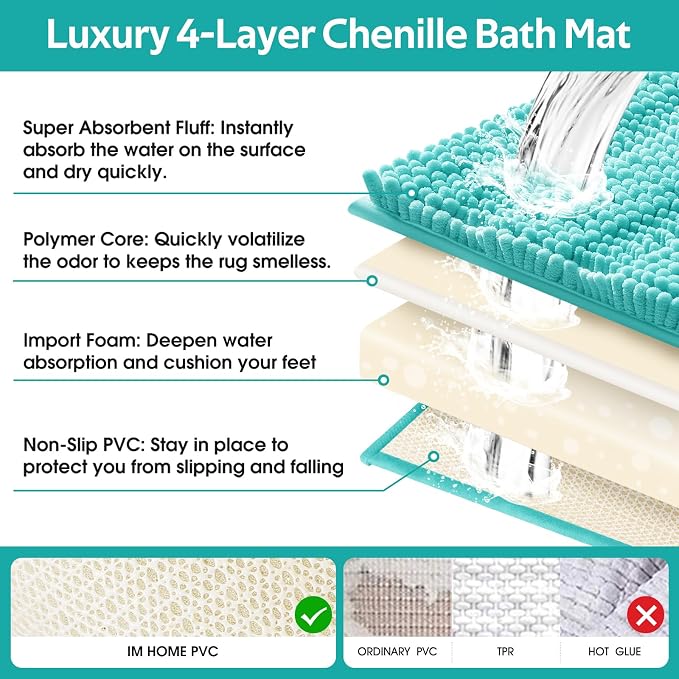 ACCUMTEK Striped Teal Green Bathroom Rug Set 3 Pieces Ultra Soft, Non Slip Chenille Toilet Mat, Absorbent Plush Shaggy Bath Mats for Bathroom, Bedroom, Kitchen, Turquoise