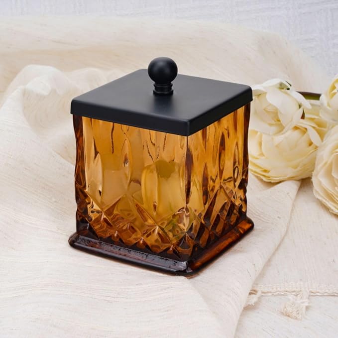15Oz Amber Glass Q-Tip Holder, Thick Glass & Matte Black Lid | Square Design, for Q-Tips, Cotton Pads, Jewelry, Candy, Square
